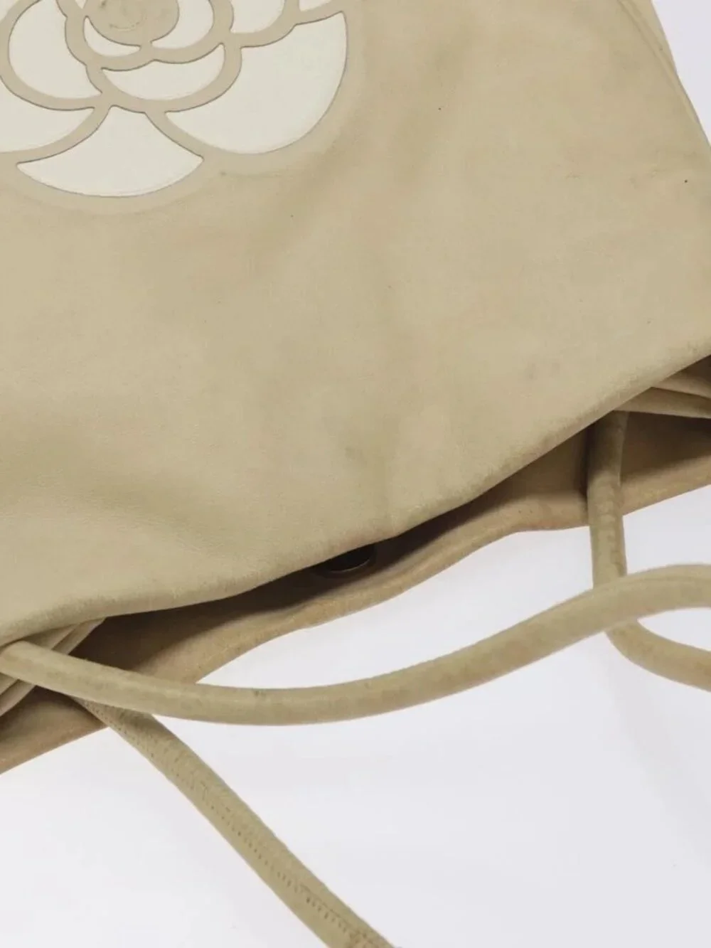 CHANEL Camelia Tote Bag Lamb Skin Beige Gold CC Auth 130498